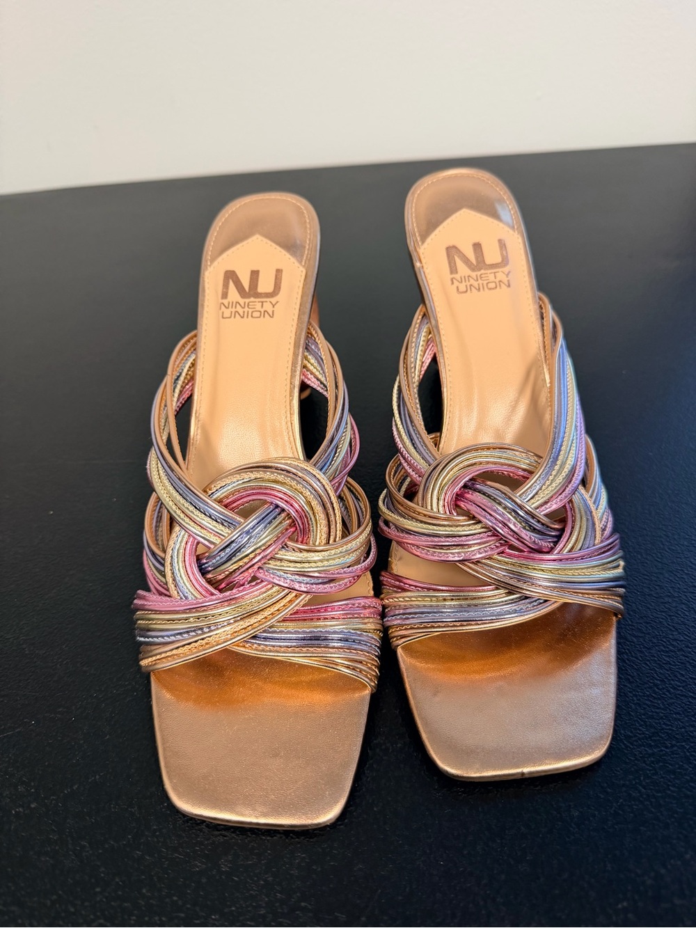 Ninety Union Metallic Multi-Strap Knot Slide Heels - Rose Gold Multi